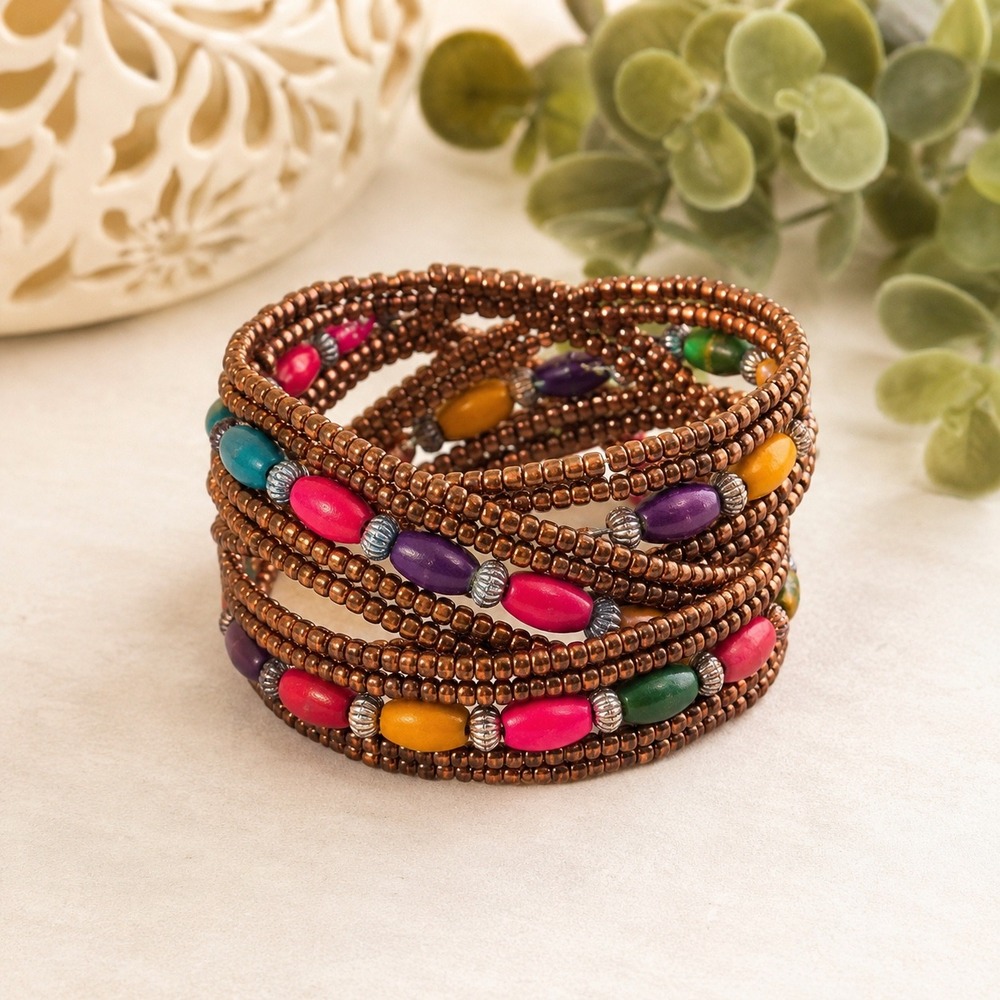 Boho Multi-Color Beaded Cuff Bracelet Copper‎ Tone Adjustable 1.75" Wide